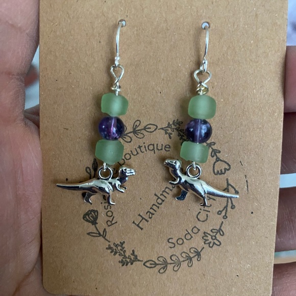 T-Rex beach glass bead dinosaur earrings. Handmade - Picture 1 of 8